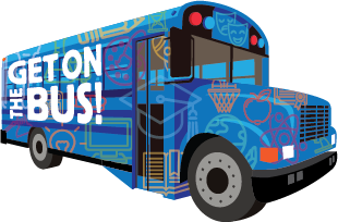 Imagen de un autobús azul con el texto "Get on the Bus!" (¡Súbete al autobús!") en el lateral - BayCoast Bank