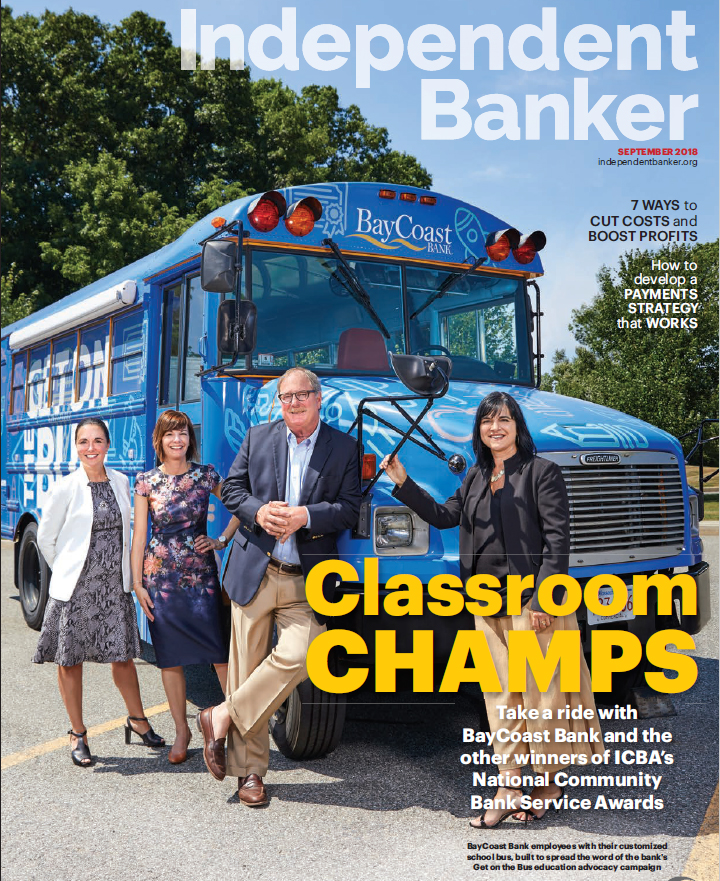 Independent Banker magazine cover showing BayCoast Bank President and CEO Nicholas Christ and other BayCoast employees standing in front of bus - BayCoast Bank