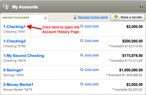 Image of the "My Accounts" section with a red arrow pointing to an account and text telling users to click on the account to access their Account History page - BayCoast Bank