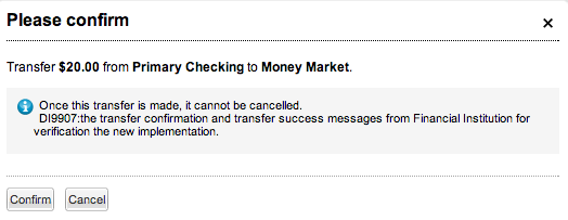 Picture of the "Please confirm" message that will open when a user transfers money between accounts - BayCoast Bank