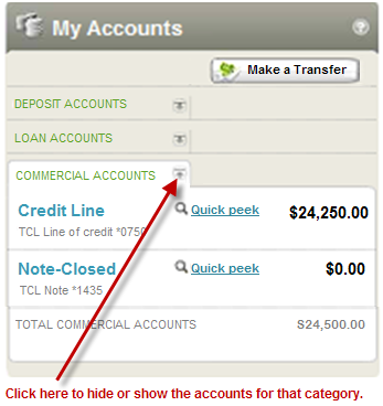 Image of "My Accounts" page with a red arrow pointing to an arrow icon next to various accounts that users can click to show or hide their accounts - BayCoast Bank