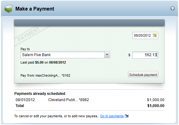 La imagen muestra un ejemplo de pago programado en la sección Make a Payment (Hacer un pago) - BayCoast Bank