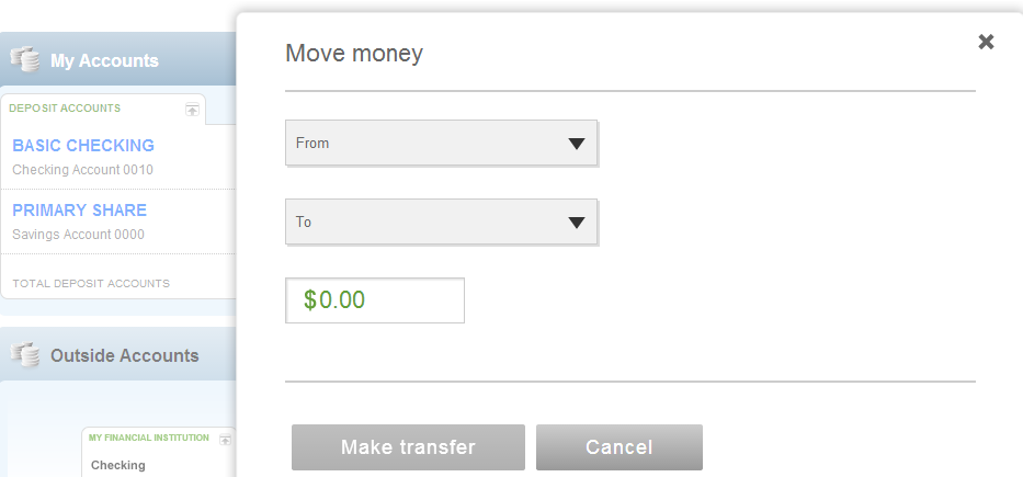 Imagen de la ventana Move Money (Mover dinero) que los usuarios pueden utilizar para hacer una transferencia por única vez - BayCoast Bank