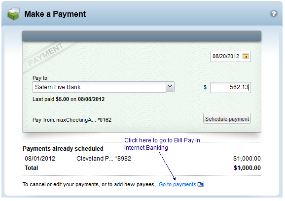 La imagen muestra la sección Make a Payment (Hacer un pago) con una flecha que apunta a la sección Go to payments (Ir a pagos), que los usuarios pueden pulsar para ir a la página Bill Pay (Pago de facturas) - BayCoast Bank