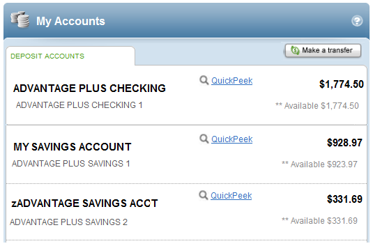Imagem da página “As minhas contas” a apresentar como as contas são ordenadas alfabeticamente – BayCoast Bank