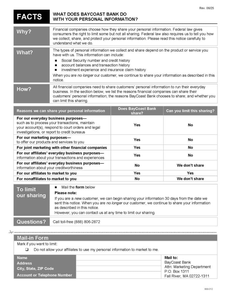 A BayCoast Bank privacy notice explaining what personal information is collected, why, and options to limit sharing, with checkboxes and a mail-in opt-out form at the bottom.