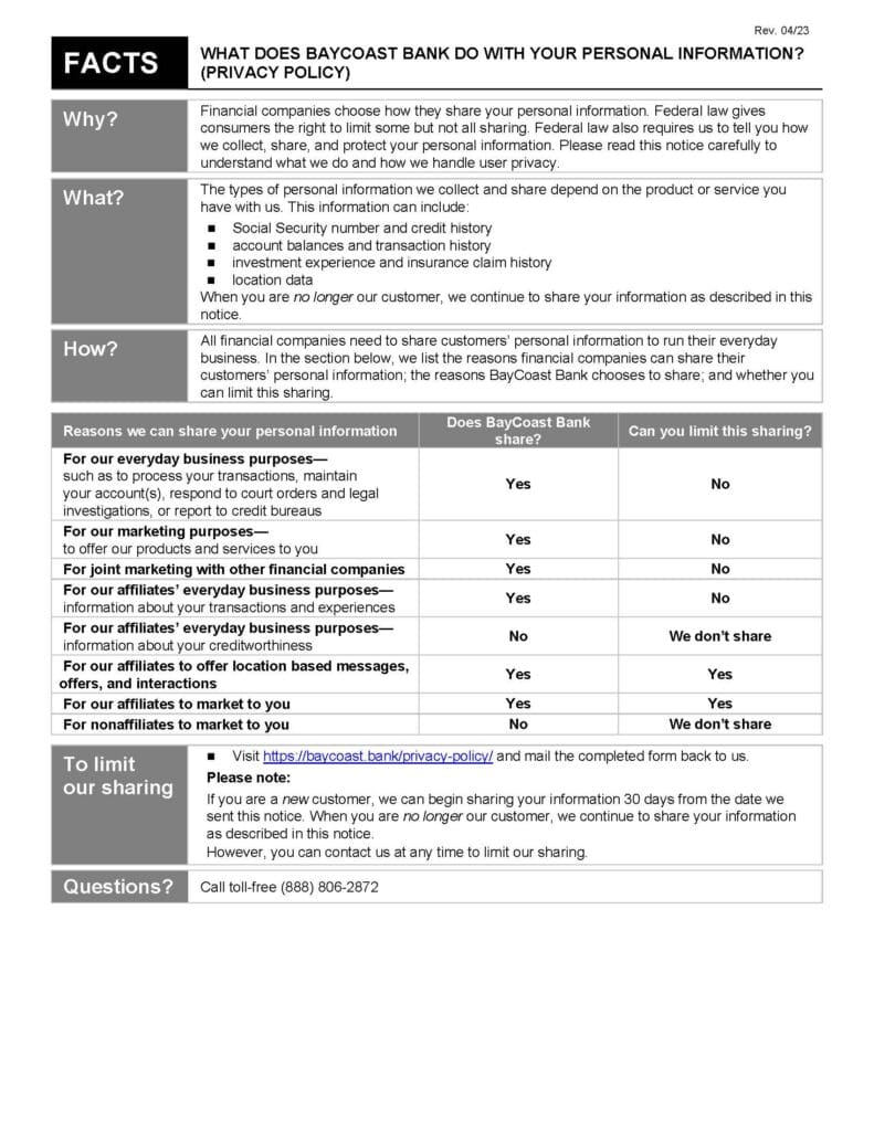A Privacy Policy table outlining how BayCoast Bank shares personal information, the reasons for sharing, and whether customers can limit sharing; includes contact info and a website link.